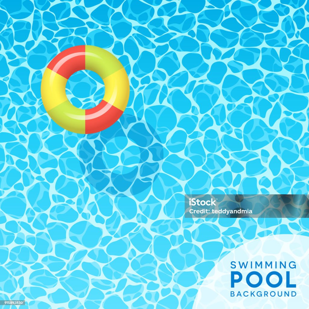 Clear blue swimming pool water background for spring break, travel and summer designs. Clear blue swimming pool water background with floating inflated swim ring. For banners, brochures, invitations about spring break, travel, and summer. Vector illustration. Swimming Pool stock vector