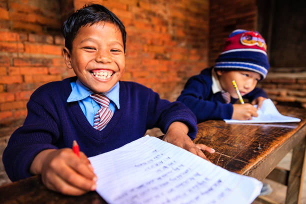 Nepali schoolboys during the class, Bhaktapur.
