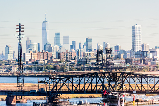 Kearny: Industrial view of New Jersey with cityscape skyline of Manhattan, NYC, New York City