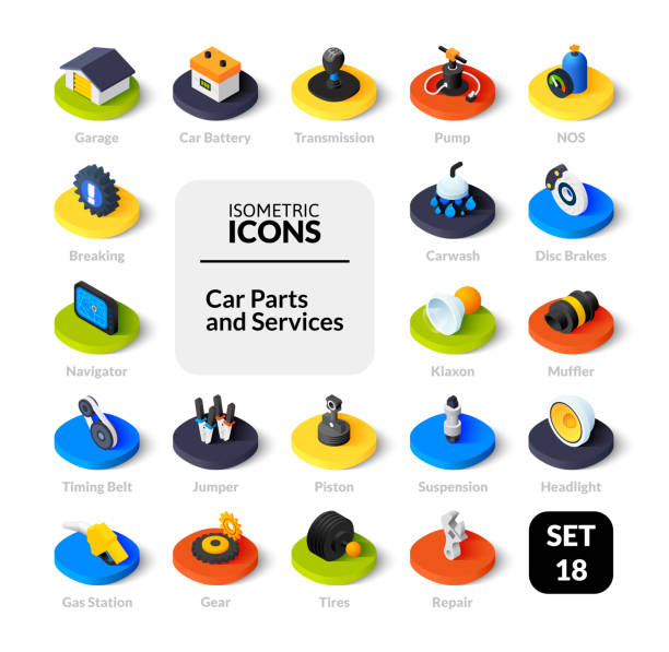 ilustrações de stock, clip art, desenhos animados e ícones de color icons set in flat isometric illustration style, vector collection - isometric gas station transportation car