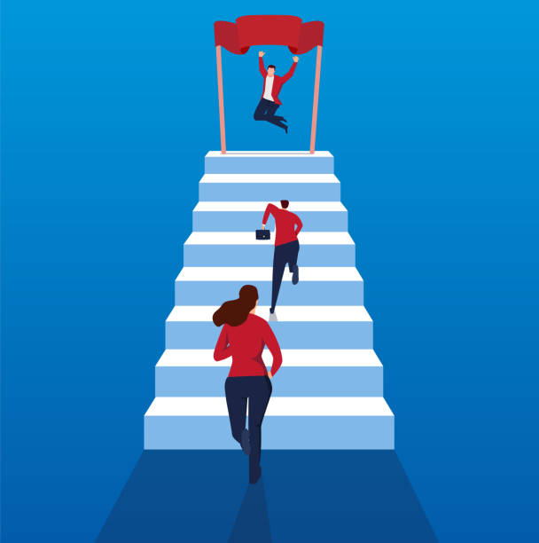Concept of business competition Concept of business competition person walking up stairs from behind stock illustrations