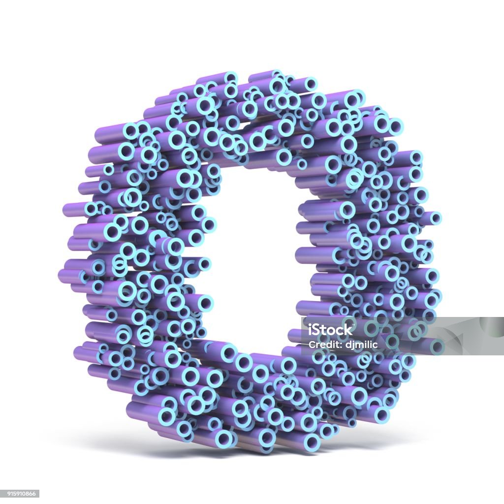 Purple blue font made of tubes LETTER O 3D Purple blue font made of tubes LETTER O 3D render illustration isolated on white background Three Dimensional Stock Photo