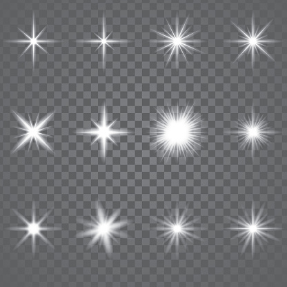 Vector illustration. Set of glowing light effect stars bursts sparkles, transparent white on grey background.