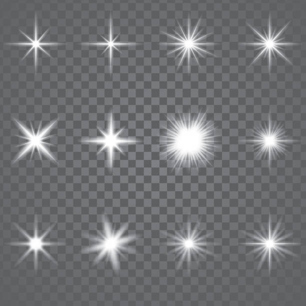 Star Burst Sparkling Light Vector illustration. Set of glowing light effect stars bursts sparkles, transparent white on grey background. flare stack stock illustrations