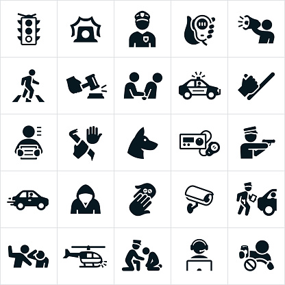 A set of law enforcement icons. The icons include police officers, criminals, police radio, safety, arrest, police car, police baton, police dog, police radio, speeding car, drugs, security camera, ticket, violence, police helicopter, dispatch and a drunk driver to name a few.