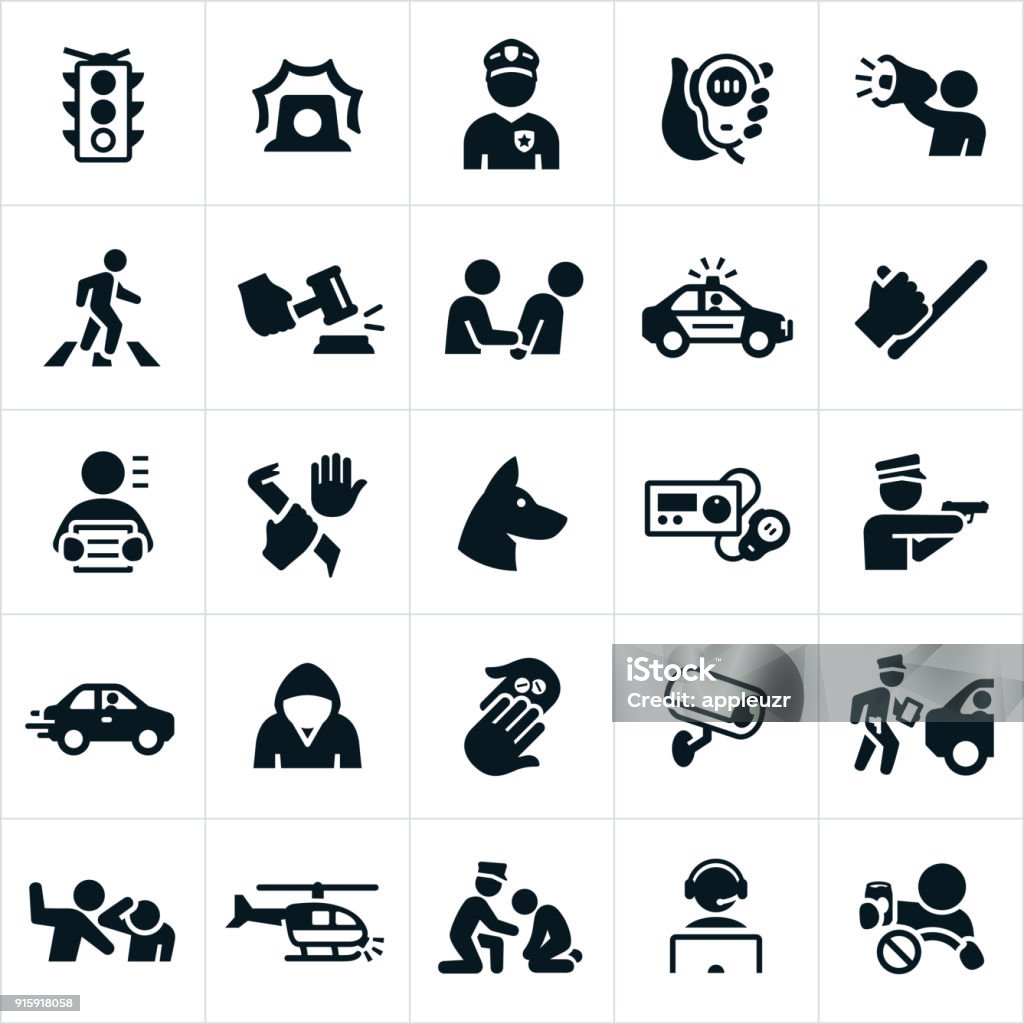 Law Enforcement Icons A set of law enforcement icons. The icons include police officers, criminals, police radio, safety, arrest, police car, police baton, police dog, police radio, speeding car, drugs, security camera, ticket, violence, police helicopter, dispatch and a drunk driver to name a few. Icon Symbol stock vector