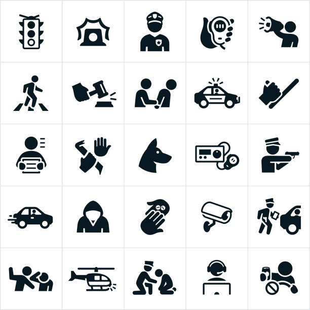 Law Enforcement Icons A set of law enforcement icons. The icons include police officers, criminals, police radio, safety, arrest, police car, police baton, police dog, police radio, speeding car, drugs, security camera, ticket, violence, police helicopter, dispatch and a drunk driver to name a few. dog pointing stock illustrations