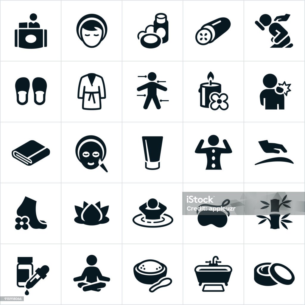 Spa and Massage Therapy Icons A set of spa and relaxation icons. The icons include a masseuse, massage therapist, spa, massage, robe, candle, relaxation, facial mask, facial creams, hot stone therapy, pedicure, sauna, hot tub, bath salts, meditation, bath, essential oils and pampering to name a few. Icon Symbol stock vector