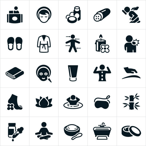 Spa and Massage Therapy Icons A set of spa and relaxation icons. The icons include a masseuse, massage therapist, spa, massage, robe, candle, relaxation, facial mask, facial creams, hot stone therapy, pedicure, sauna, hot tub, bath salts, meditation, bath, essential oils and pampering to name a few. spa stock illustrations