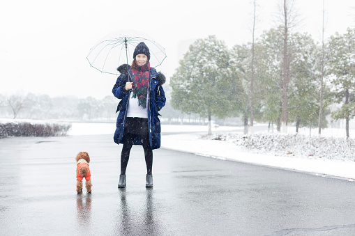 portrait of a pregant woman with umbrella and pet standing in park,China.