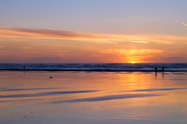 red sunset at long beach with silhouetted beachgoers - black blue escape multi colored imagens e fotografias de stock