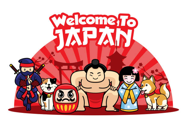 ilustrações, clipart, desenhos animados e ícones de bem-vindo ao japão com personagens fofinhos - kanji japanese script food japan