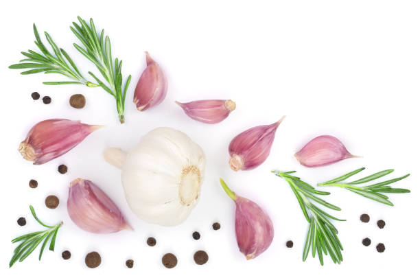 istock garlic with rosemary and peppercorn isolated on white background with copy space for your text. Top view. Flat lay 915940516