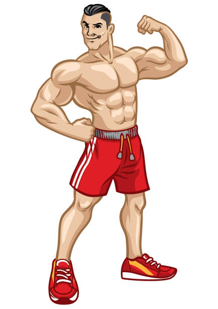 ilustraciones, imágenes clip art, dibujos animados e iconos de stock de hombres fitness posan mostrando su cuerpo atlético - culturismo ilustraciones