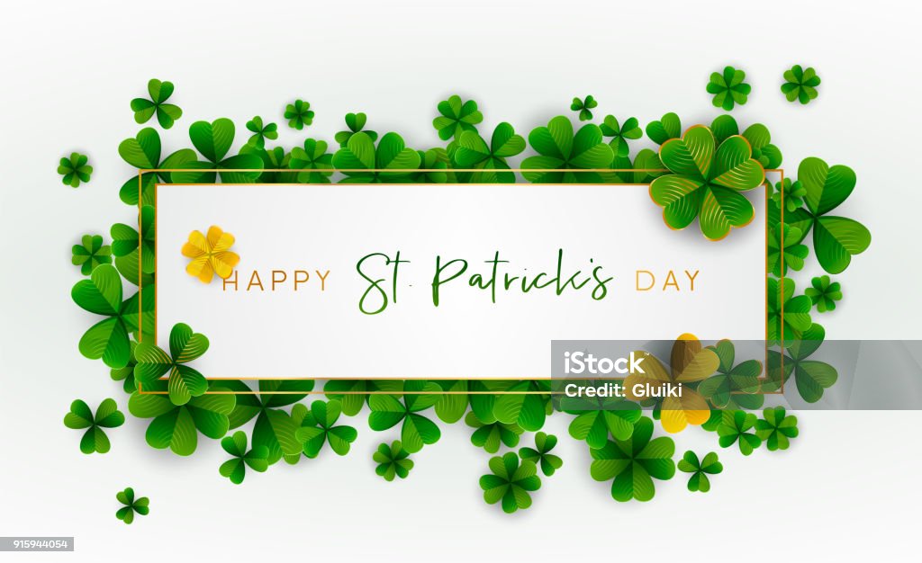 Happy Saint Patrick's Day background. Vector illustration. Happy Saint Patrick's Day background, greeting card with green and gold four and tree leaf clovers, modern geometric template, trendy paper art design. Vector illustration. March - Month stock vector