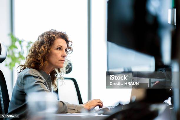 Serious Businesswoman Using Computer At Desk Stock Photo - Download Image Now - Serious, Women, Working