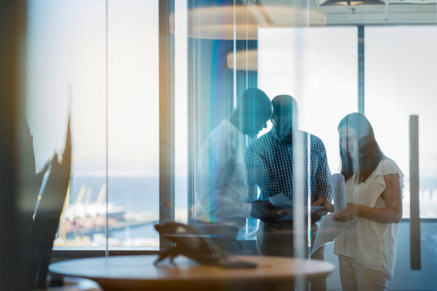 istock Business colleagues seen through glass at office 915947290