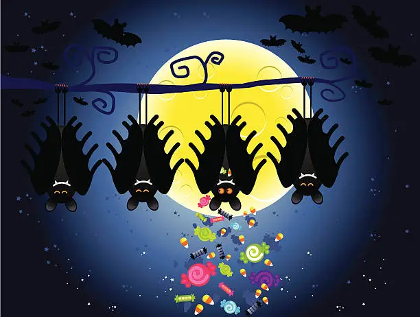 Vector illustration of halloween bat hiding candy