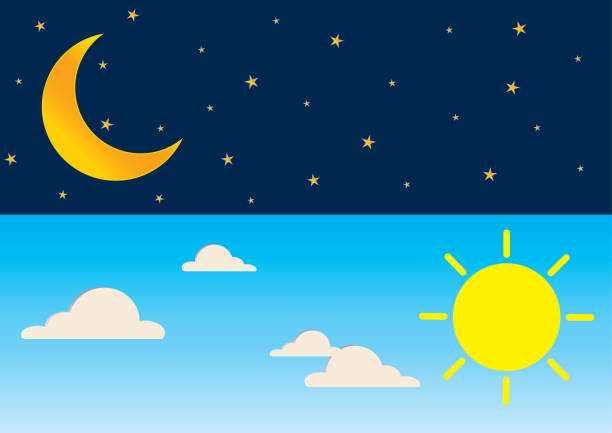 illustrazioni stock, clip art, cartoni animati e icone di tendenza di concetto di tempo di serie giorno e notte con sole, super luna, nuvole e stelle. - sequenza giorno e notte
