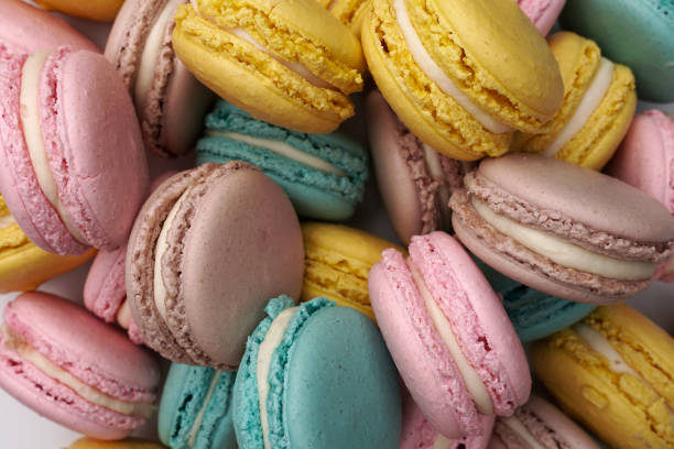 istock Pink, beige and blue macaroons, flat lay style. 915962276