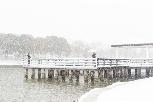 girlfriend holding umbrella on wooden bridge while boyfriend at the side in snow,China.