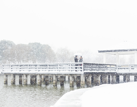 affectionate couple holding umbrella standing at a snow-covered wooden bridge,China.