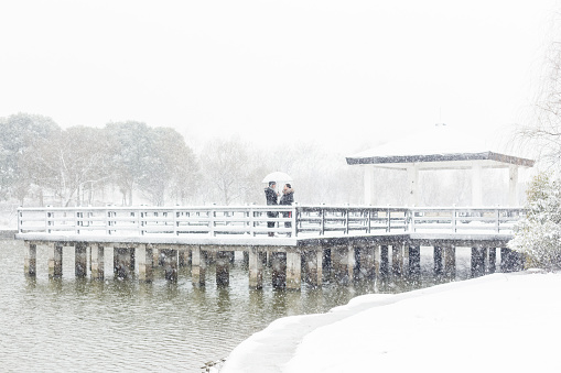 affectionate couple holding umbrella standing at a snow-covered wooden bridge,China.