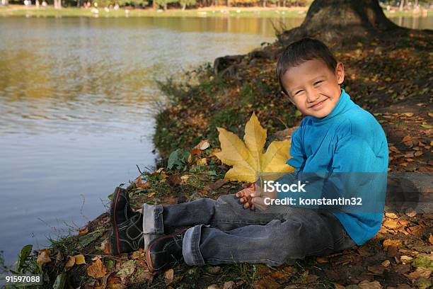 Mały Chłopiec Pozujących Z Żółty Liść - zdjęcia stockowe i więcej obrazów Chłopcy - Chłopcy, Cztery pory roku, Drzewo liściaste
