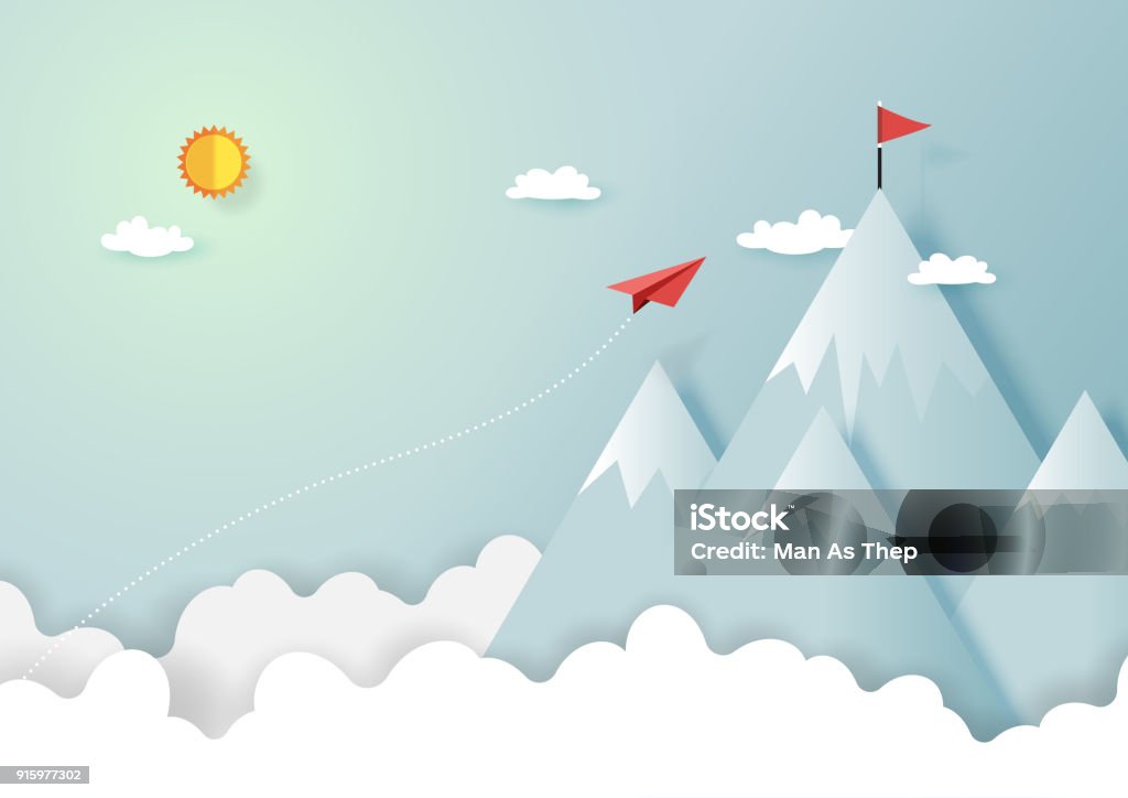 Avion en papier volant au sommet de la montagne - clipart vectoriel de But - Matériel de sport libre de droits