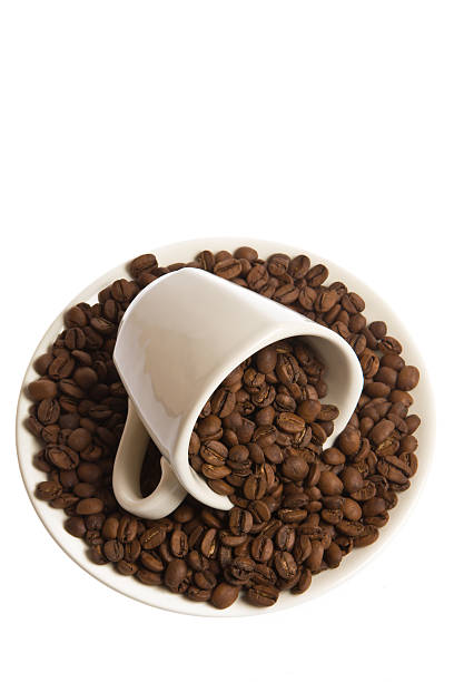 Taza de granos de café en el - foto de stock