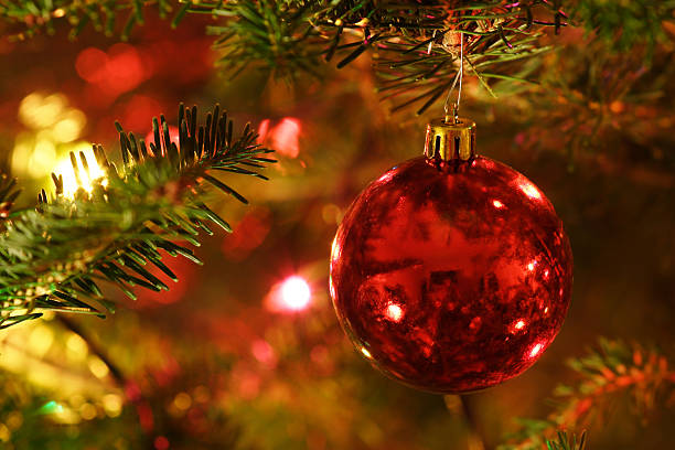 istock Red Christmas Ornament Hanging on tree 91599015
