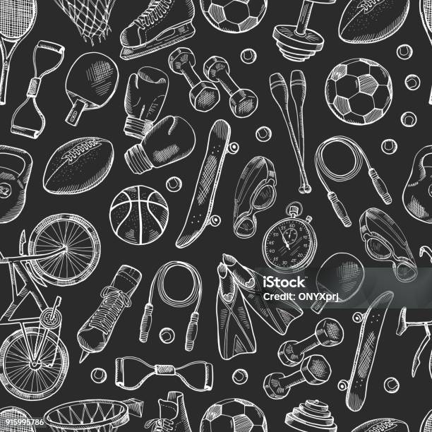 Vector Hand Drawn Sports Equipment Pattern Or Chalkboard Background Stock Illustration - Download Image Now