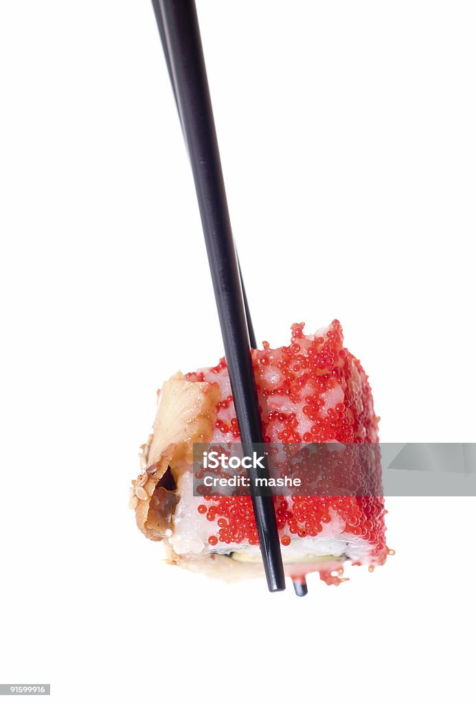 Sushi with chopsticks shot on white  Appetizer Stock Photo