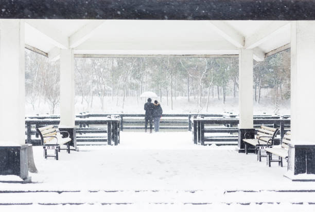 affectionate couple holding umbrella standing at a pavilion,rear view,China.