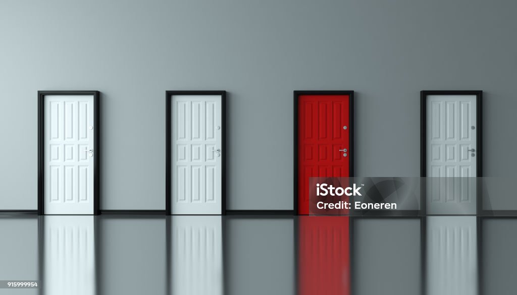 Different Unique Red Door Different red door between the white doors. ( 3d render ) Door Stock Photo
