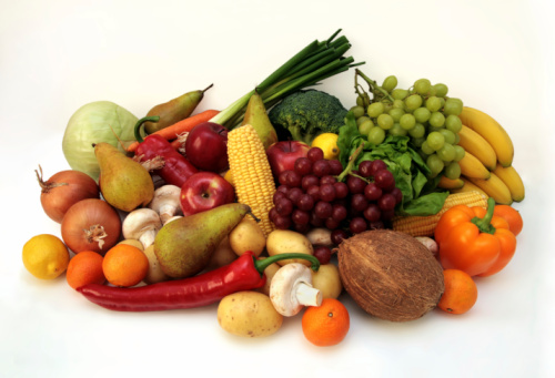 Different useful fruits and vegetables isolated on white background. Collage. Free space for text. Wide photo .