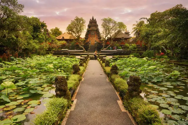 A pathway over a scenic lotus pond leads to this Hindu temple with ornate architectural details.