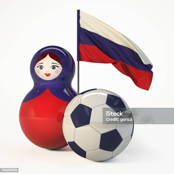 Foto de Boneca Russa Babushka Com Bola De Futebol E A Bandeira Russa e mais fotos de stock de 2018