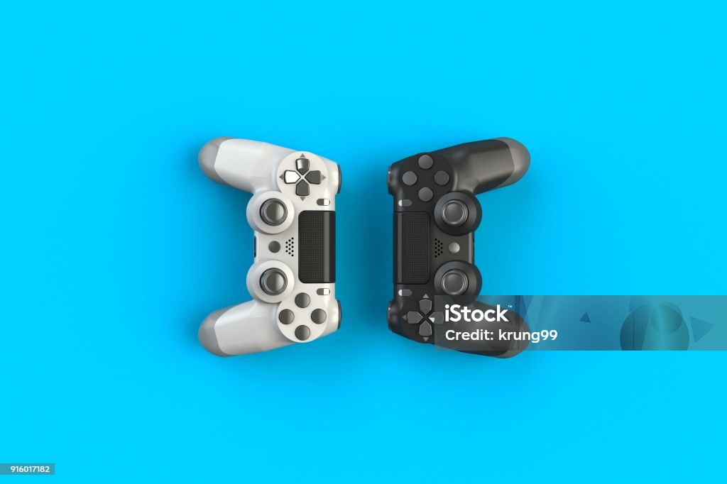 Computer game competition. Gaming concept. White and black joystick isolated on blue background, 3D rendering Video Game Stock Photo