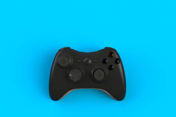 istock Computer game competition. Gaming concept. Black joystick isolated on blue background, 3D rendering 916017270