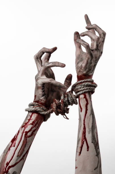 istock Hands bound,bloody hands, mud, rope, on a white background, isolated, kidnapping, zombie, demon 916017846