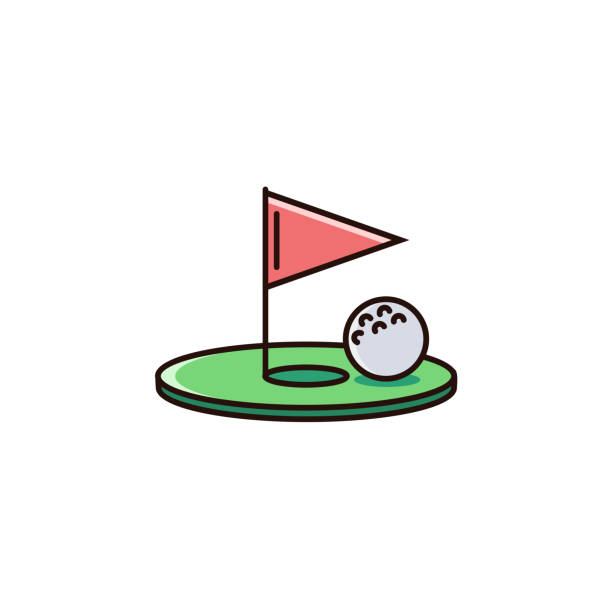 ilustraciones, imágenes clip art, dibujos animados e iconos de stock de hoyo de golf con bandera y bola - icono de la línea plana de color sobre fondo aislado. - non rural scene