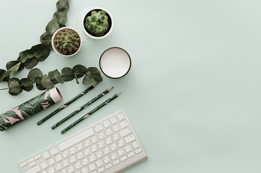 Soft Pastel Styled Desk Scenes With Keyboard ,green leaves and supplies. Flat lay