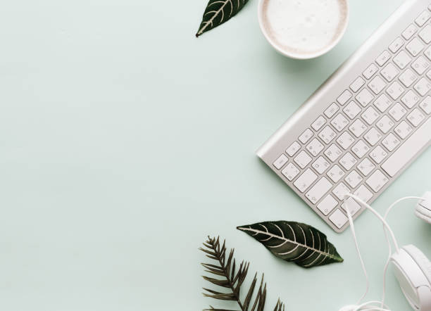 Soft Neutral Styled Desk Scenes With Coffee and Keyboard