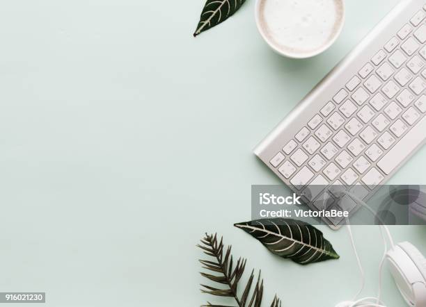 Soft Neutral Styled Desk Scenes With Coffee And Keyboard Stock Photo - Download Image Now