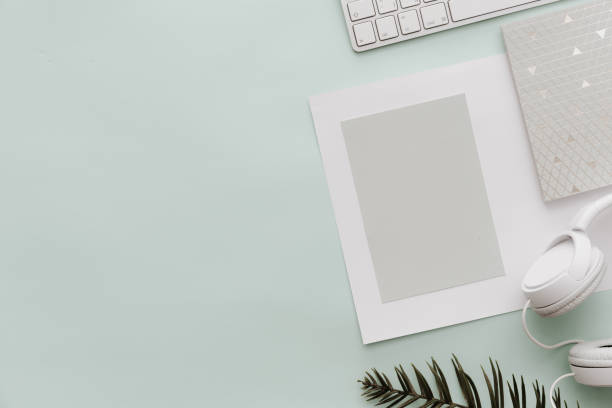 istock Minimal Modern Hipster Flat Lay Composition with headphones and empty blank 916021232