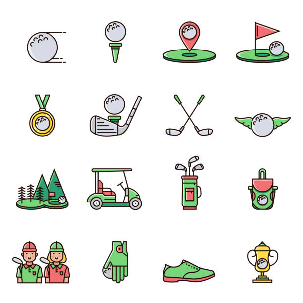 ilustrações, clipart, desenhos animados e ícones de coleção de ícones de equipamento de golfe e símbolos em linha de cor lisa design: golfball, tee, buraco, curso, carrinho, saco, golfista, copa, saco, clube, sapato, luva, medalha.  conjunto de sinais de jogos golfe e elementos. - non stick