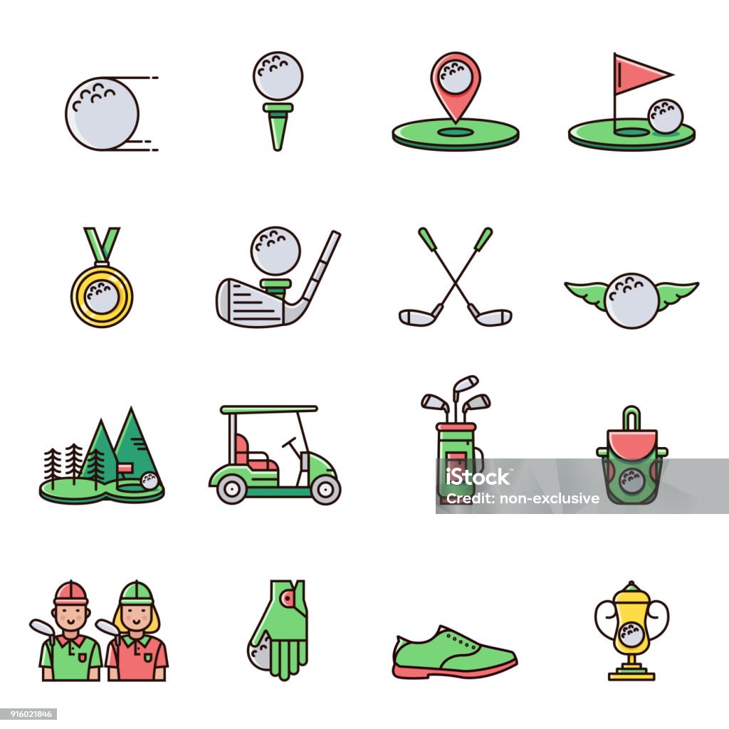 Collection of golf equipment icons and symbols in flat color line design: golfball, tee, hole, course, cart, bag, golfer, cup, bag, club, shoe, glove, medal.  Set of golfing game signs and elements. Golf stock vector