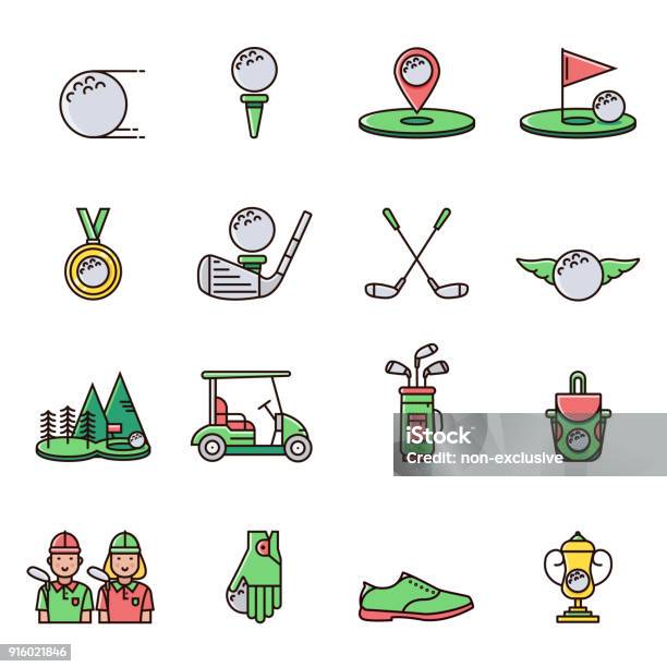 Collection Of Golf Equipment Icons And Symbols In Flat Color Line Design Golfball Tee Hole Course Cart Bag Golfer Cup Bag Club Shoe Glove Medal Set Of Golfing Game Signs And Elements Stock Illustration - Download Image Now