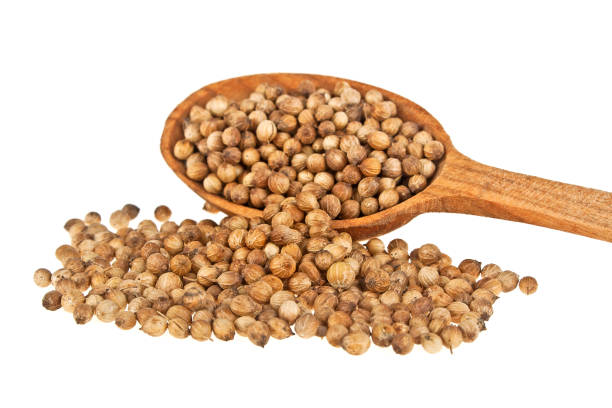 istock Coriander seeds in wooden spoon isolated on white background 916036188